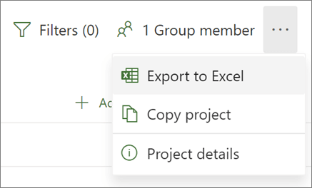 Screenshot of the menu in Project for the web showing the Export to Excel option