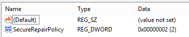 Registry Editor showing the SecureRepairPolicy registry value