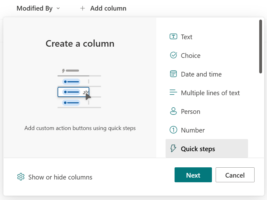 Screenshot that shows Menu to select quick steps column.