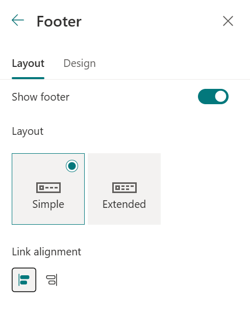 Site footer alignment options in the Change the look panel