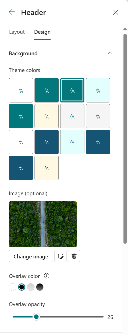 Site header Background section in Change the look with theme color picker and image upload options