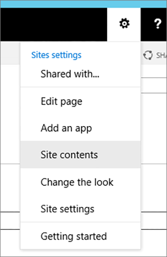 Settings menu with Site Contents highlighted