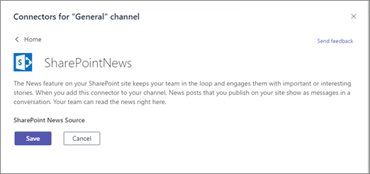SharePoint News connector configuration dialog with a Save button to complete the setup