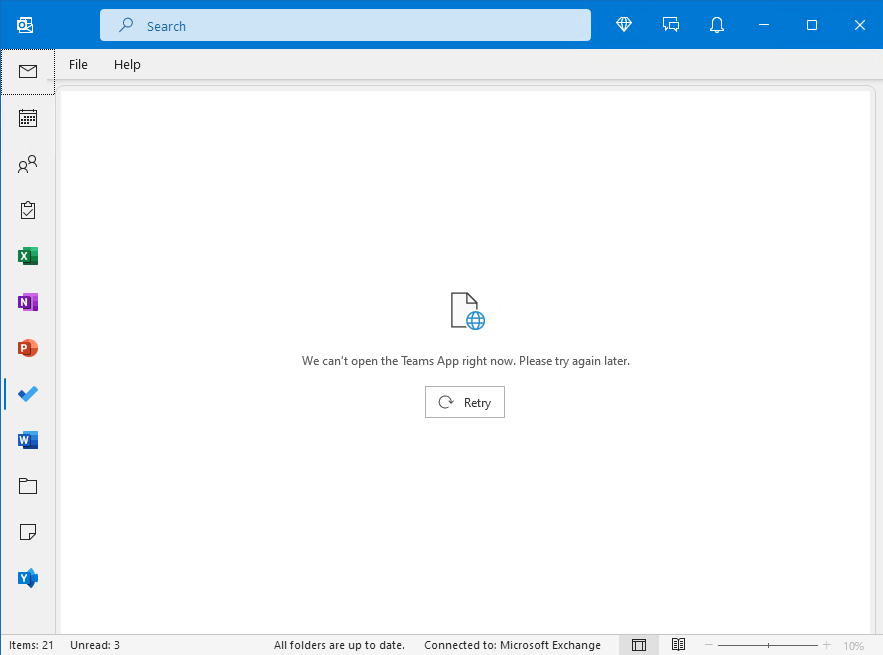 Image of outlook window with error cant open team app
