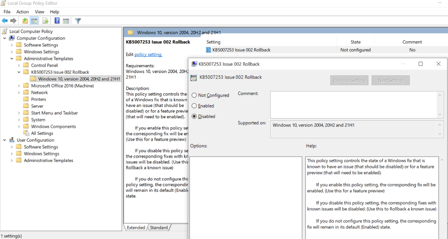 Local group policy editor KB5007253 rollback