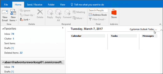 Outlook Today view window is blank