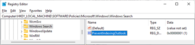 Registry Editor showing PreventIndexingOutlook enabled under the Windows Search policy key
