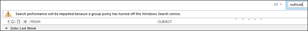 Screenshot of the error message, Search performance will be impacted because a group policy has turned off the Windows Search service.
