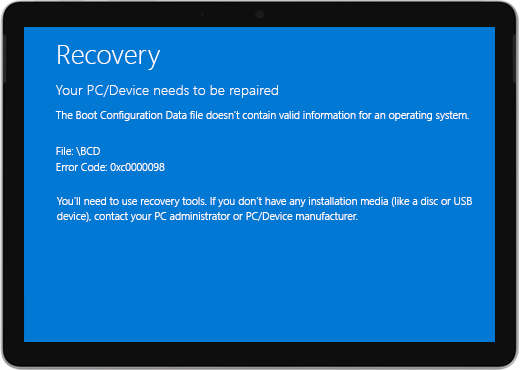 A blue screen with the title Recovery and a message that your device needs to be repaired.