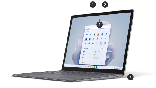 Shows the front of the Surface Laptop 5, with callouts for included features.