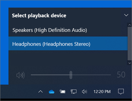 The playback device selection on the taskbar volume control.