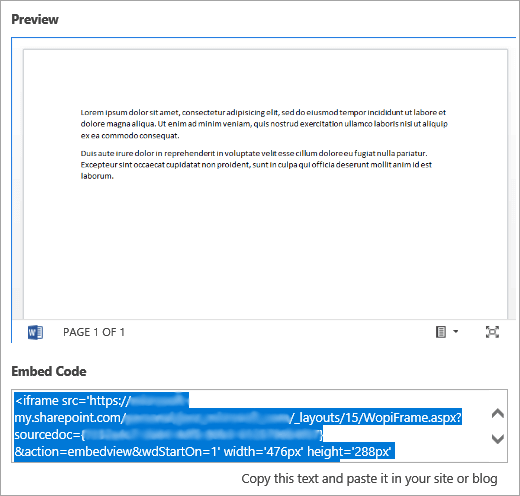 Copy an embed code from an Office document