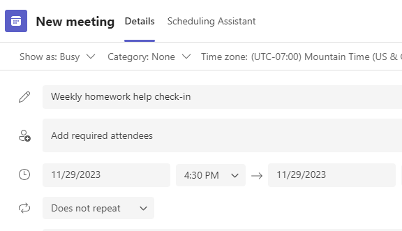 New meeting details for a weekly homework help check-in