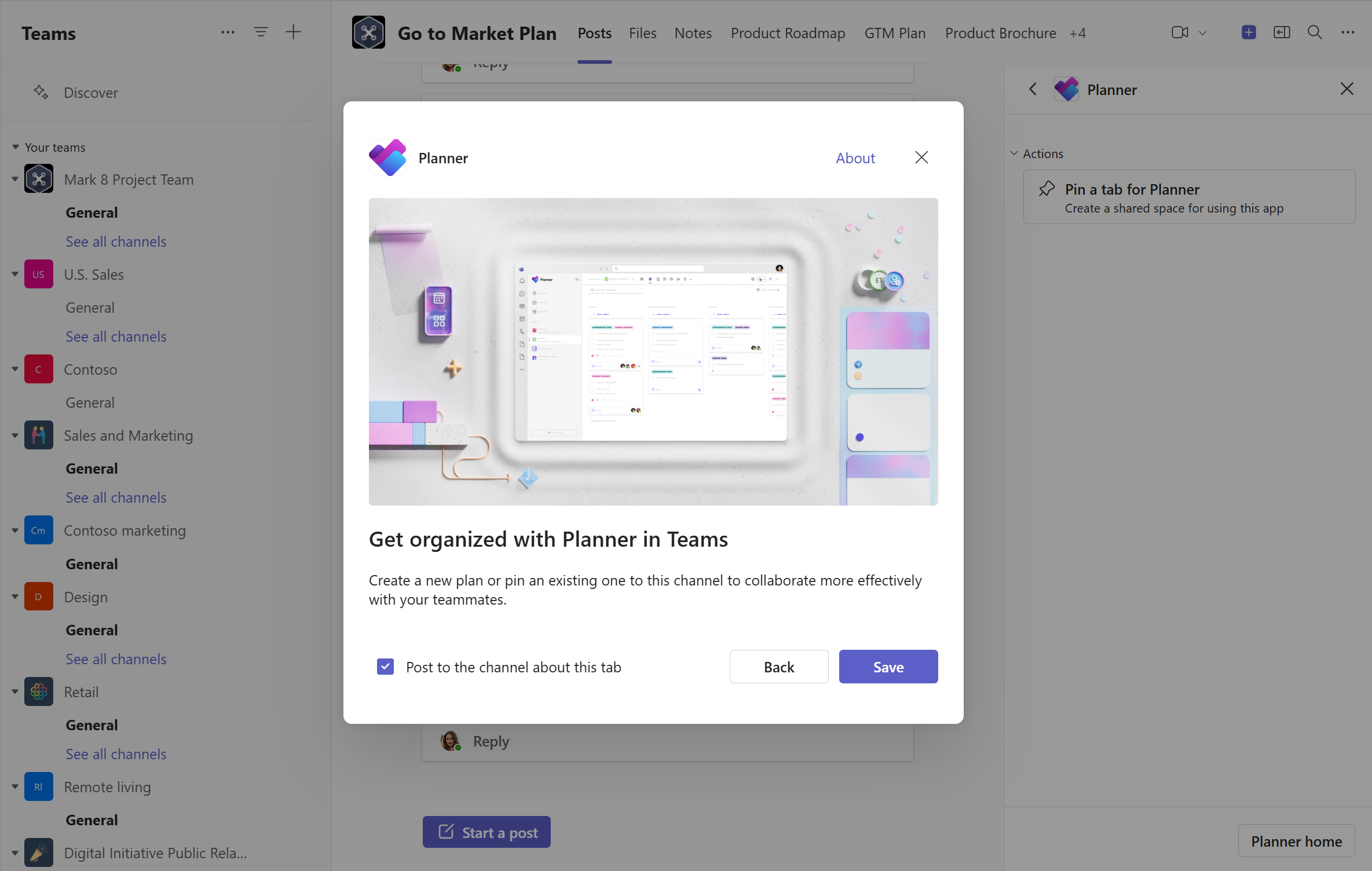 An image demonstrating how to pin a tab for Planner and create a shared space for using the app in a Teams channel.[