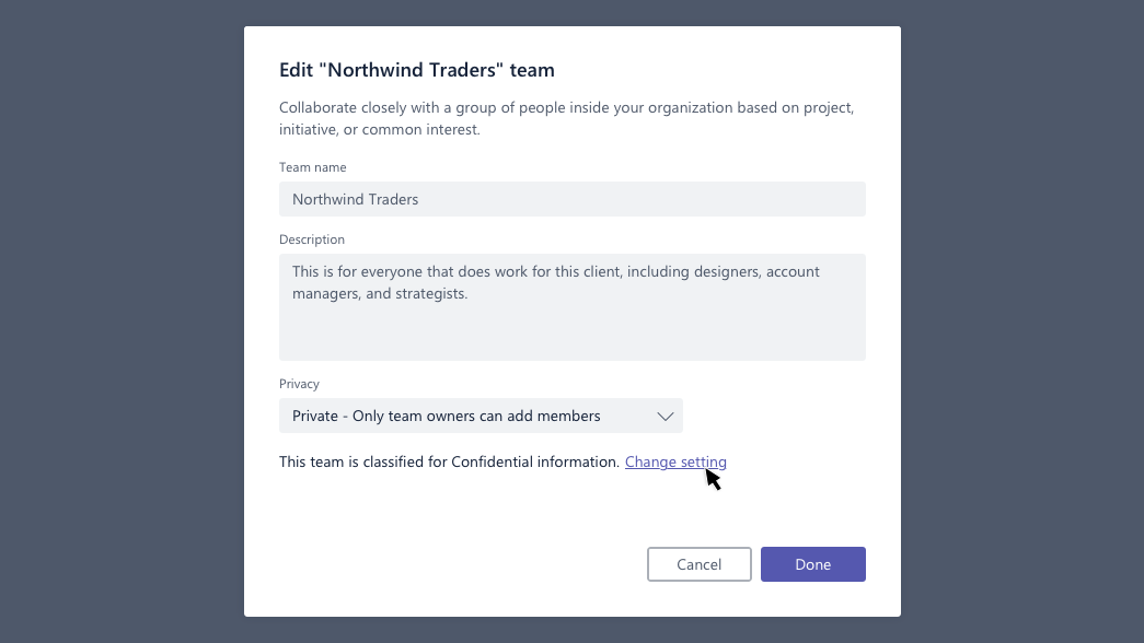 Screenshot of edit team dialog box.