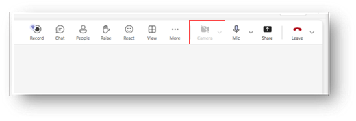 Screenshot of the Teams meeting toolbar with the grayed-out Camera icon highlighted in red.
