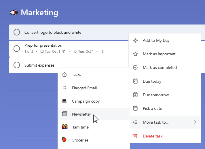 Marketing list with the task Convert logo to black and white selected and the context menu open. Move task to has been selected and Newsletter list is chosen.
