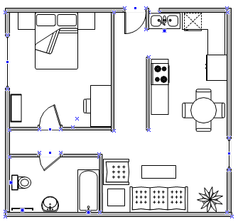 Screenshot of the Home plan showing living spaces, bedroom, bathroom, and kitchen