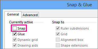 Screenshot of the Snap & Glue dialog box with Snap cleared in Visio 2016