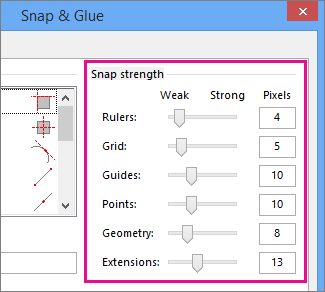 Screenshot of the Snap strength sliders in Snap & Glue in Visio 2016