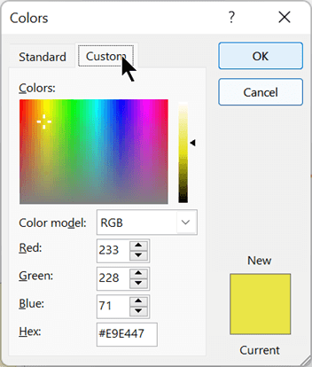 Screenshot showing how to select a custom color on the Custom tab of the Colors dialog box.