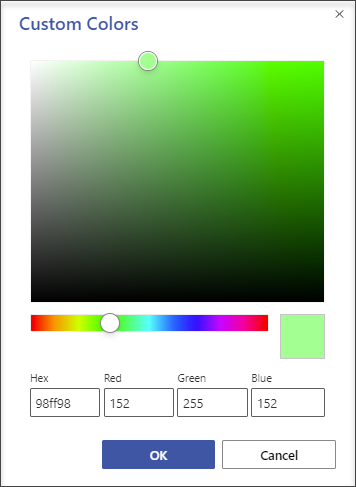 Screenshot showing the Custom Colors dialog box, you can specify any color by using a hexadecimal value or a red-green-blue value.