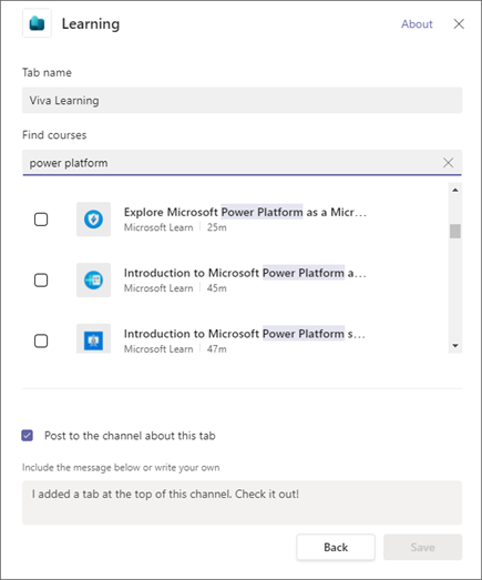 Screenshot of a pop-up with tabs to add in Viva Learning.