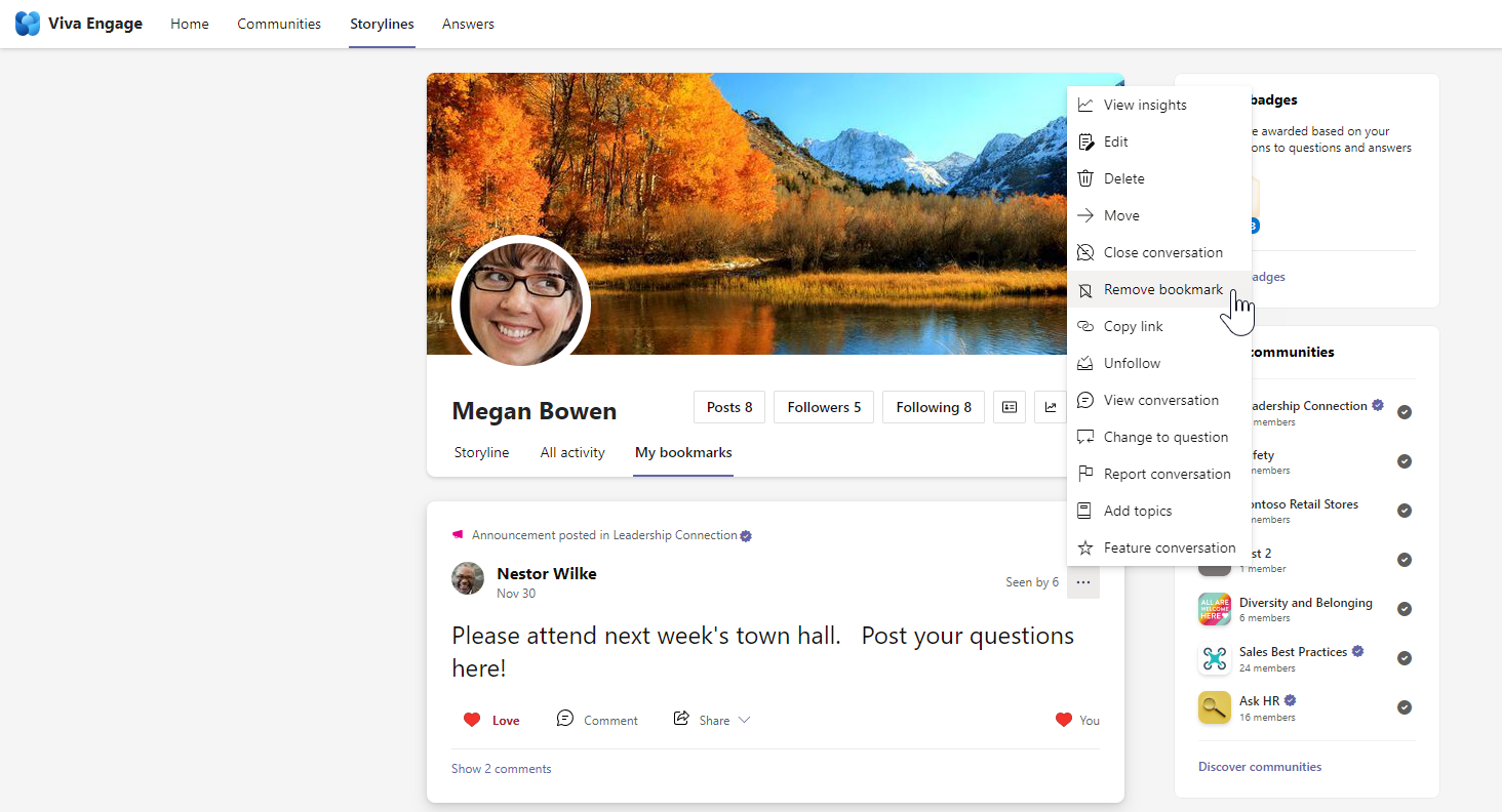 Screenshot of a conversation in Viva Engage with the more options menu opened.
