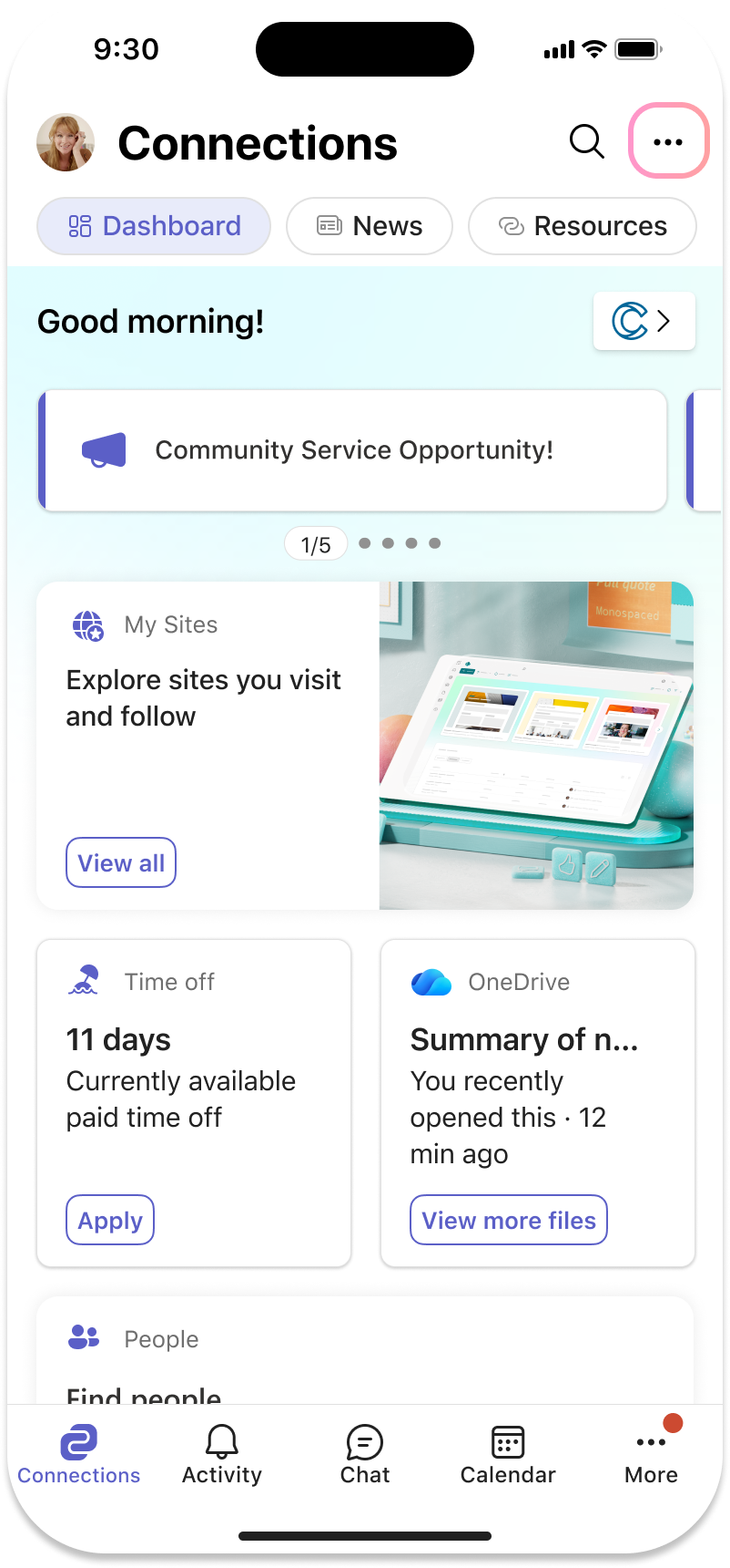 Screenshot showing the more options ellipsis highlighted in the upper-right of the mobile device.