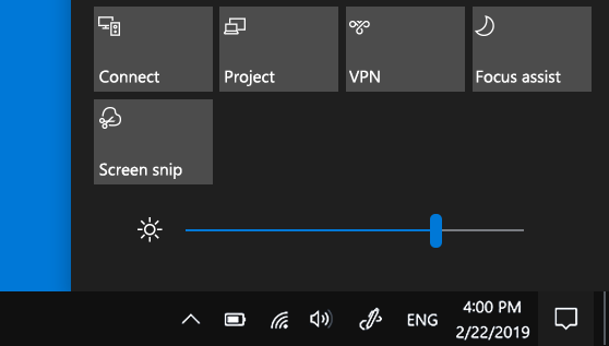 Windows 10 action center showing the Brightness slider