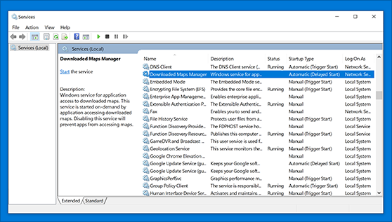 Services window with Downloaded Maps Manager selected and its startup type set to Automatic (Delayed Start)