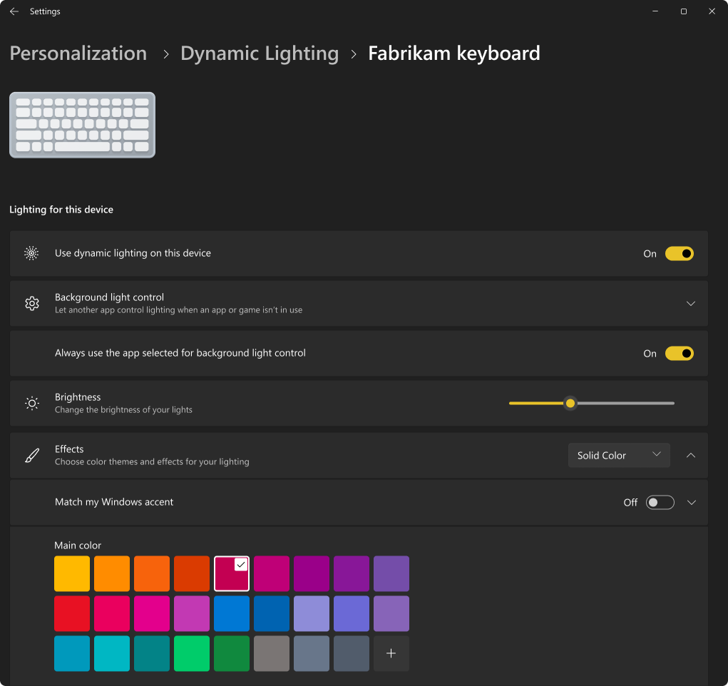 Screenshot of Settings app showing the Dynamic Lighting properties of a keyboard.