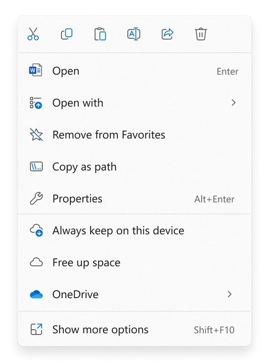 Select commands for files or folders in the File Explorer right-click context menu.
