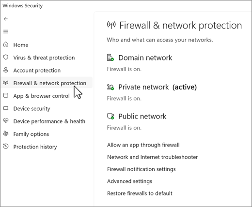Screenshot of the Firewall and Network Protection page of the Windows Security app.