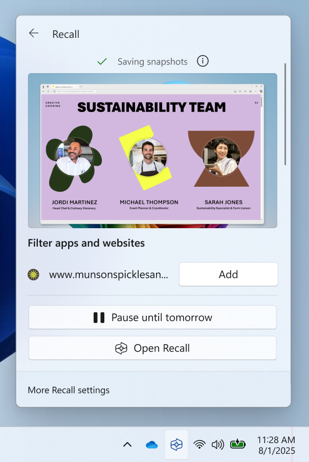 Screenshot of quick settings from the Recall system tray icon