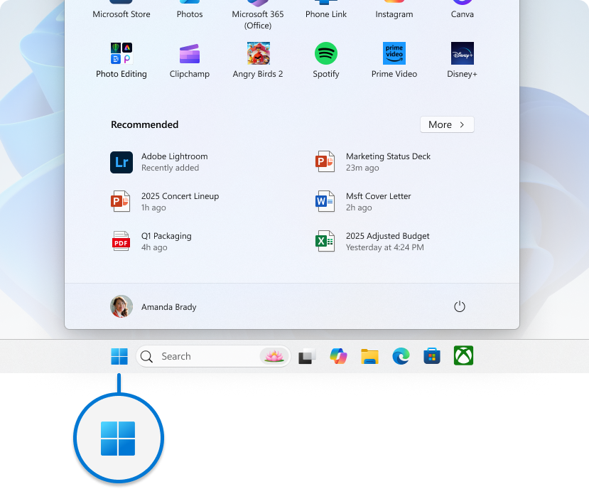 Screenshot of the Start menu expanded, with emphasis on the button on the taskbar.
