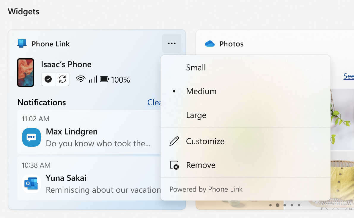 Phone Link widget menu displaying size, customize, remove, and Powered by Phone Link options.