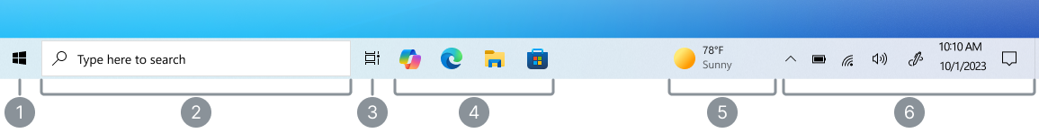 Screenshot of the Windows 10 taskbar with a label for each section.
