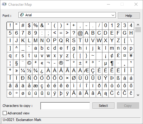 Windows Character Map showing Arial characters