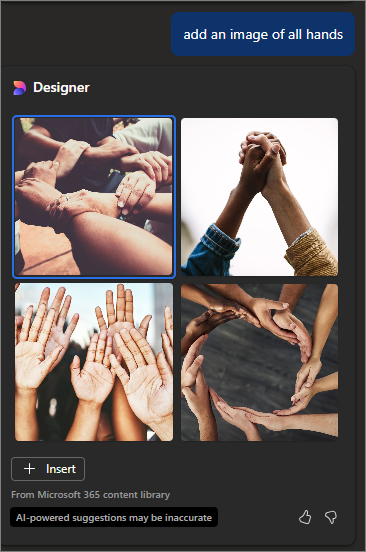 Shows a prompt that says add an image of all hands and four images of multiple hands.