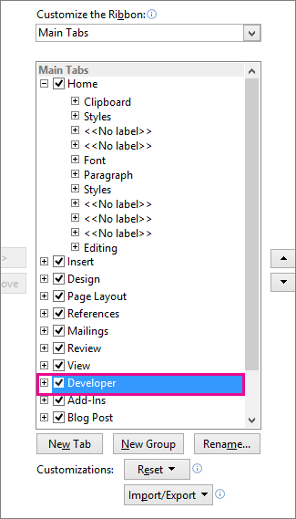 Turning on the Developer tab in the Word ribbon