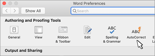 Word for Mac autocorrect button