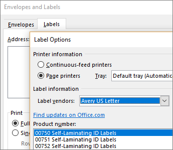 Choosing an Avery-compatible layout in the Label Options dialog box
