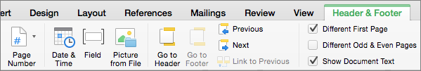 When you double-click in a header or footer area, Word displays the Header & Footer tab.