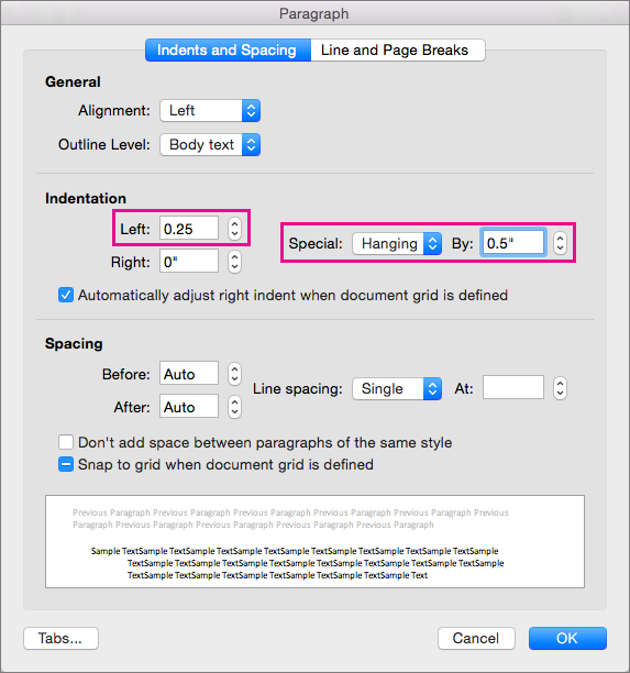For hanging indentation of a list, set indentation for Left, and set Special to Hanging.
