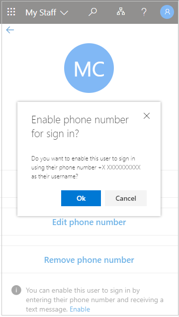 Screenshot that shows the "Enable phone number for sign in?