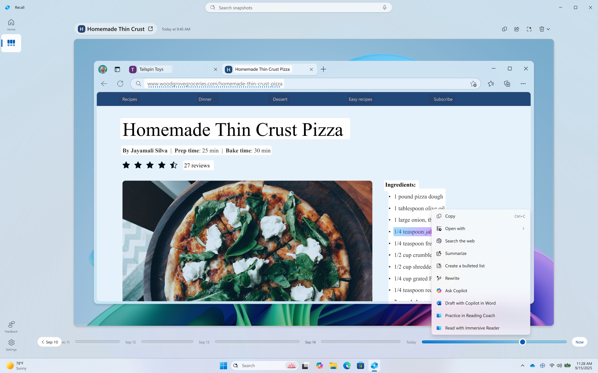 Screenshot of interacting with text in Recall