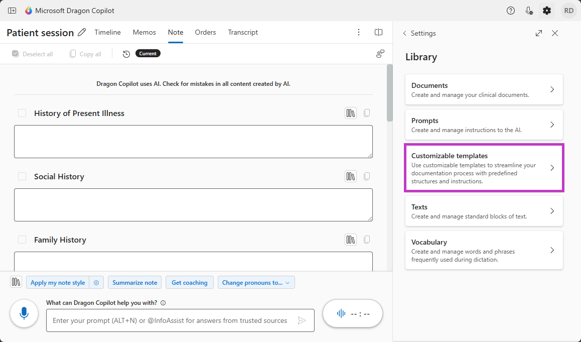 Dragon Copilot Library with Customizable template button highlighted.