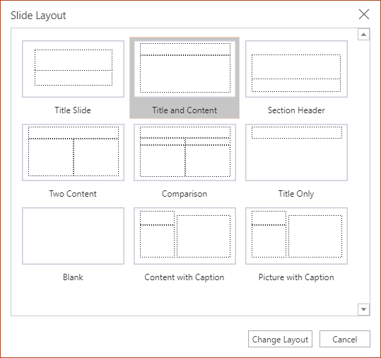 The Slide Layout dialog box in PowerPoint for the web.