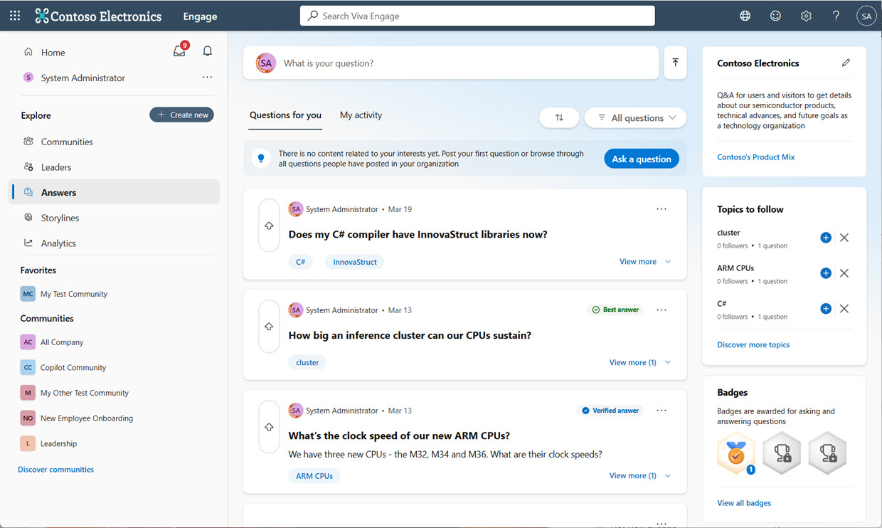Answers in Viva main page with all main elements